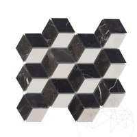 Bianco Carrara, Kleopátra, Nero Marquina Mix Cube Design Honed Marble Mosaic, Becsiszolt márvány mozaik