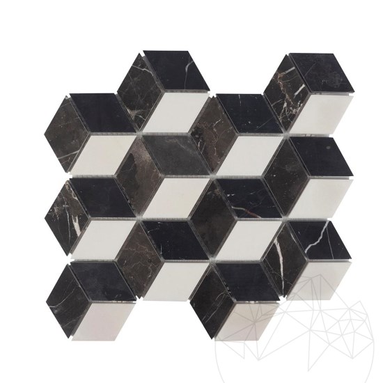 Bianco Carrara, Kleopátra, Nero Marquina Mix Cube Design Honed Marble Mosaic, Becsiszolt márvány mozaik