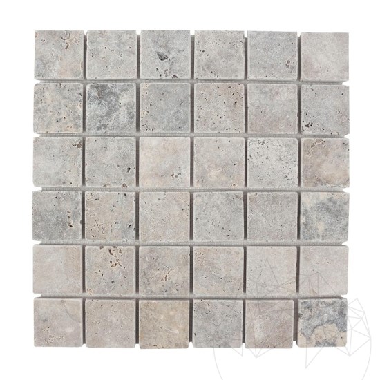 Silver Tumbled Travertin Mozaik, 4.8 x 4.8 cm