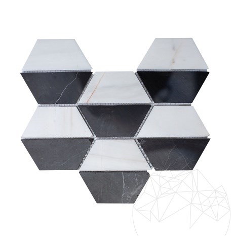 Fekete-fehér csiszolt márvány hatszög mozaik, 20,2 x 28,6 cm