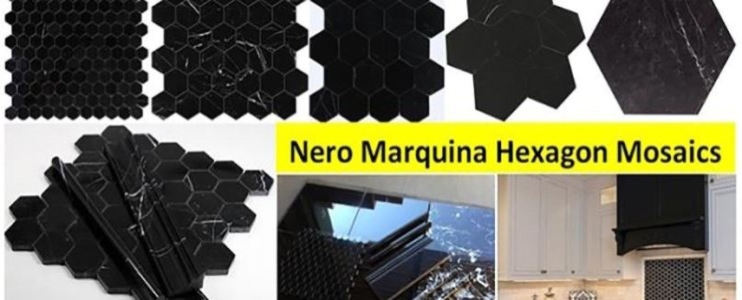 4 dekorációs projekt Nero Marquina márvány polírozott hatszögletű mozaikkal
