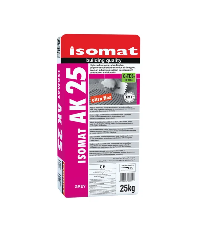 ISOMAT AK-25 – Professzionális cementalapú ragasztó márványhoz, gránithoz és természetes kőhöz (beltéri/kültéri), 25 kg