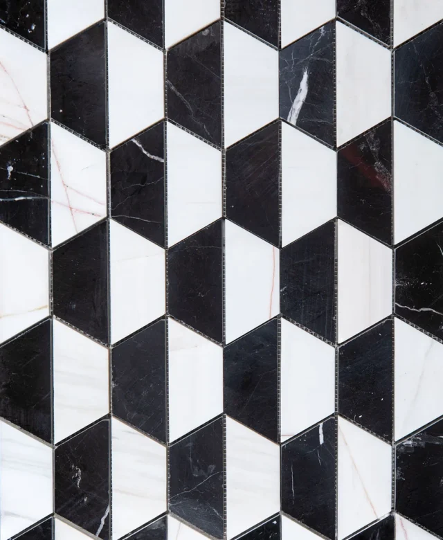 Fekete-fehér csiszolt márvány hatszög mozaik, 20,2 x 28,6 cm